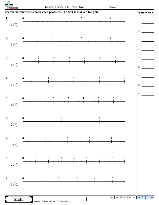 5.nf.7b Worksheets - Numberline Whole By Fraction worksheet